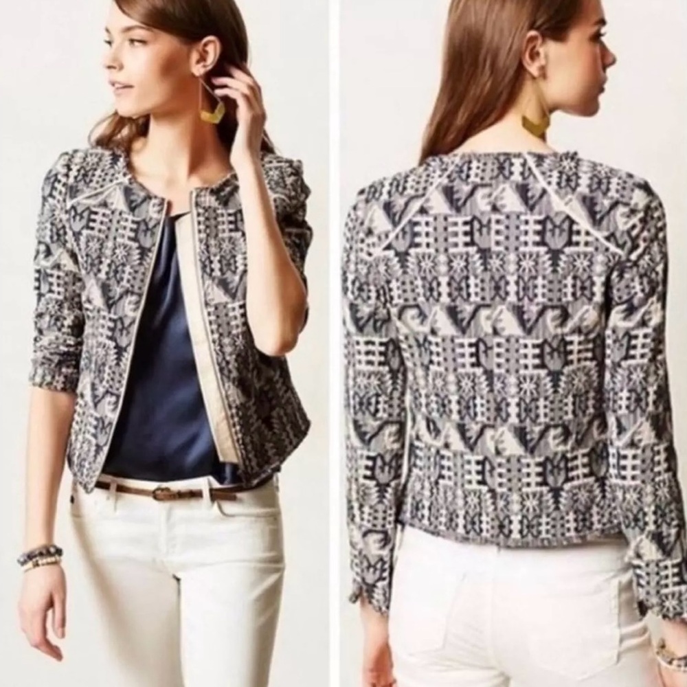 Anthropologie Hei Hei Faifo Woven Jacquard Zip Front Jacket Size 2 Petite